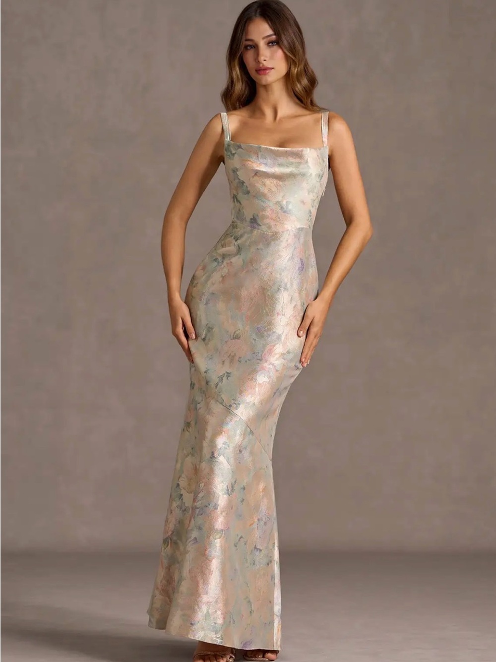 Azazie Iridescent Pastel Floral Maxi Dress in Cream and Blush